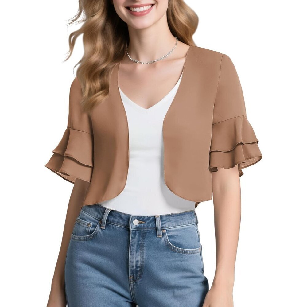 Women's Sheer Chiffon Bolero Shrug Short Sleeve Open Front Cropped Cardigan